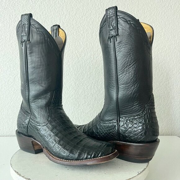 Rod Patrick Mens Cowboy Boots 10AA Black Caiman Leather Western Boots Blunt Toe - Picture 14 of 14